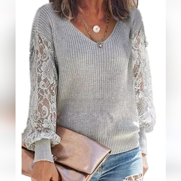 Hdieso V-Neck Long Lace Sleeve Sweater in Grey Size S - Picture 2 of 11